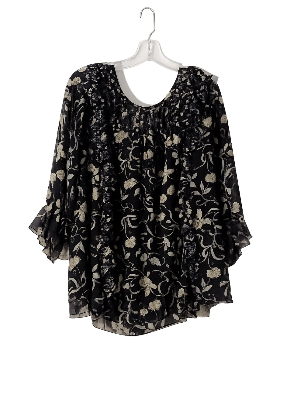 Women’s Black Floral Peasant Tunic with Cream Print